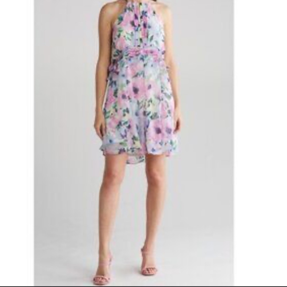 Tahari by Andrew S. Levine Pink Floral A-Line Chiffon Mini Dress, Wedding Guest - Picture 2 of 9